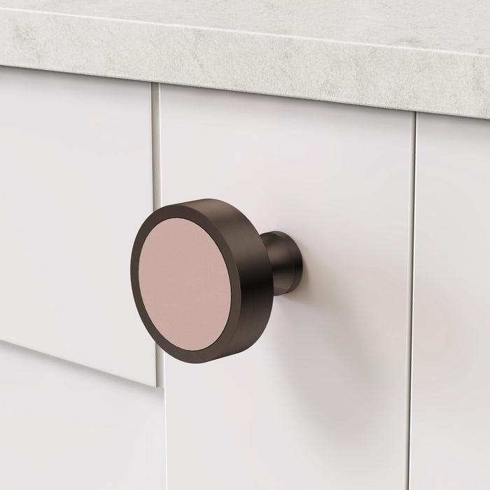 Bronze & Leather Round Door Knobs in Pink – product view 3
