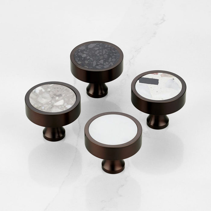 Bronze & Terrazzo Round Door Knobs in Black – installed view