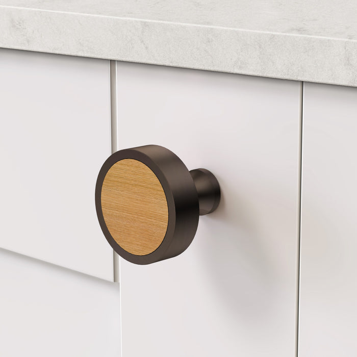 Bronze & Wood Round Door Knobs in Oak – product view 3