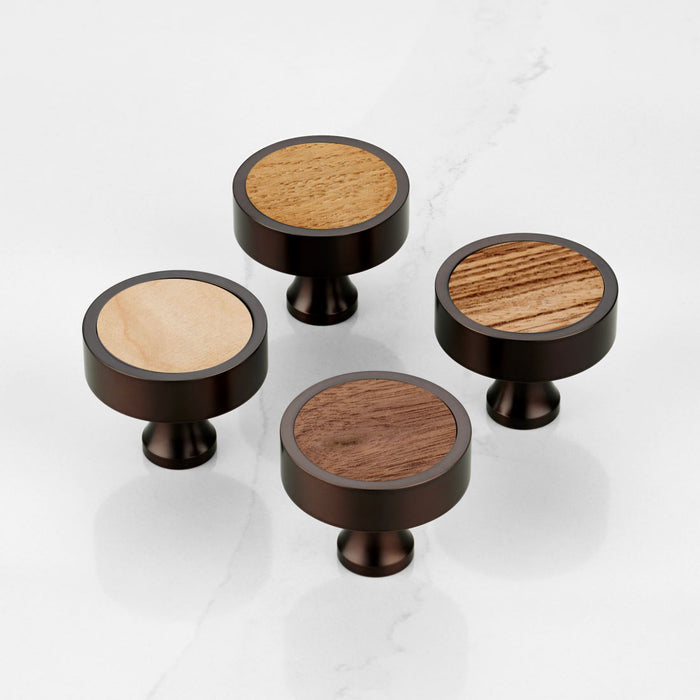 Bronze & Wood Round Door Knobs in Walnut – installed view