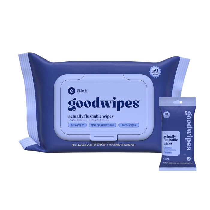 Goodwipes flushable wipes packaging on a white background