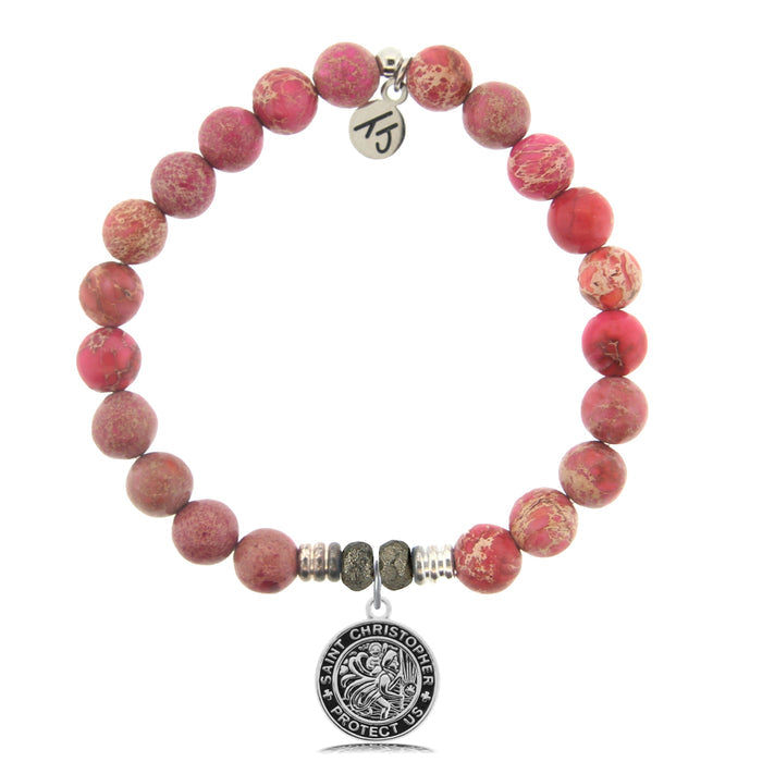 Cranberry Jasper Gemstone Bracelet with Saint Christopher Sterling Silver Charm