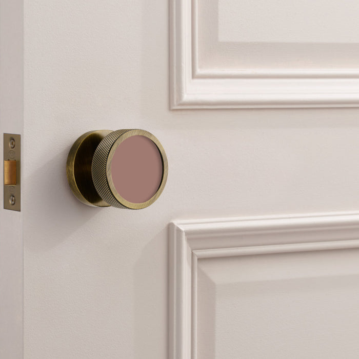 Custom Colour Brass Mortice Door Knobs Knurled in Antique – installed view