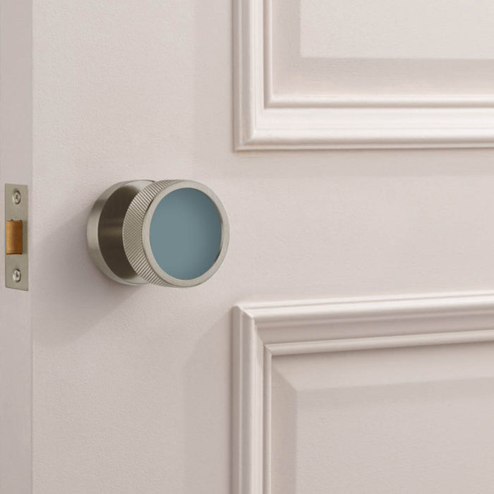 Custom Colour Brass Mortice Door Knobs Knurled in Silver – installed view