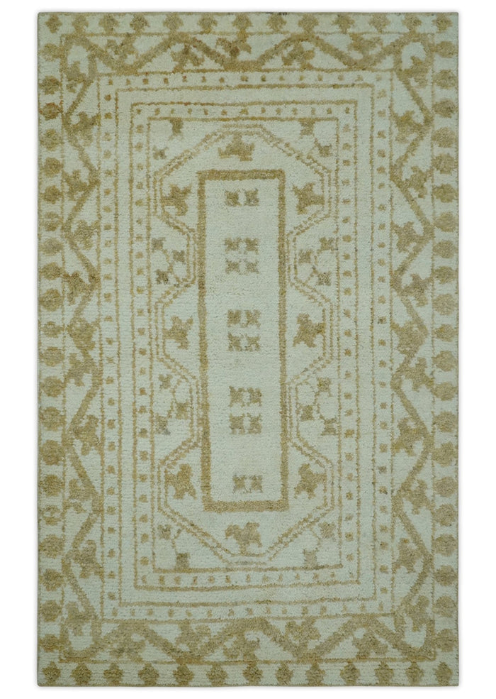 Custom Made Ivory and Olive Traditional Hand Knotted wool Area Rug - The Rug Decor