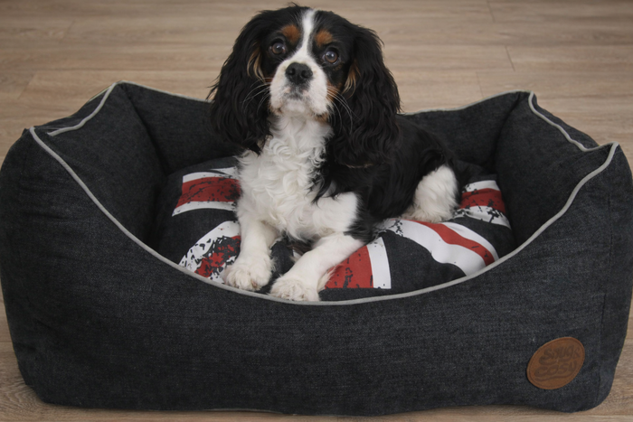 Denim Union Jack Dog Bed with Reversible Cushion - Stylish British Flag Design for Pets - Pet Beds for dogs Snug and Cosy Pets