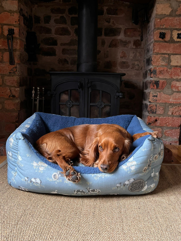 Farmyard Blue Rectangle Dog Bed - British Farm Design with Reversible Cushion - Pet Beds for dogs Snug and Cosy Pets