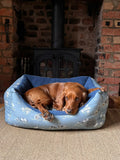 Farmyard Blue Rectangle Dog Bed - British Farm Design with Reversible Cushion - Pet Beds for dogs Snug and Cosy Pets