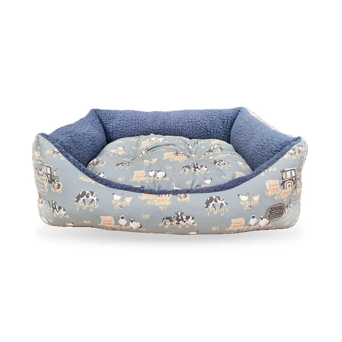 Farmyard Blue Rectangle Dog Bed - British Farm Design with Reversible Cushion - Pet Beds for dogs Snug and Cosy Pets