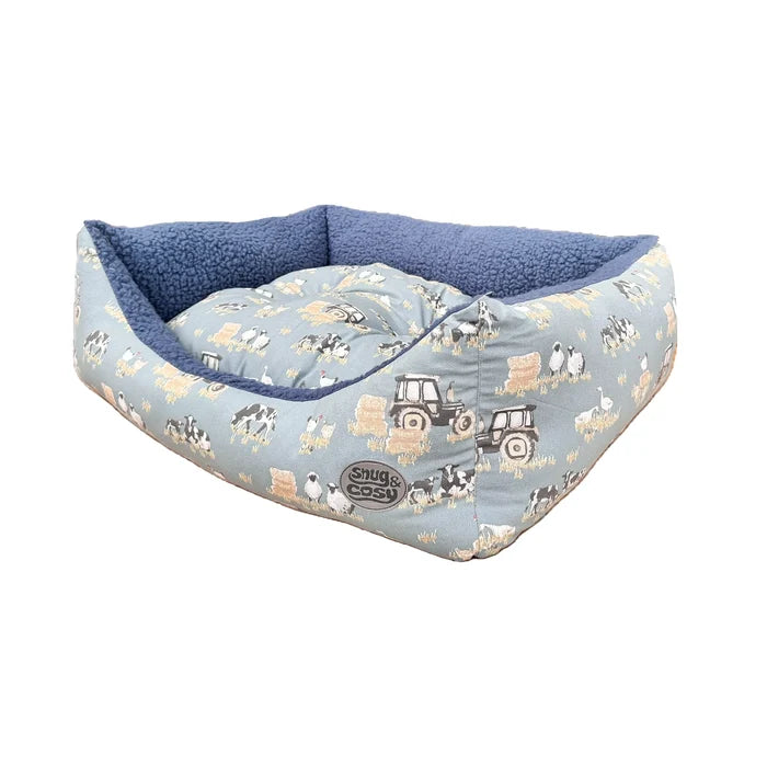 Farmyard Blue Rectangle Dog Bed - British Farm Design with Reversible Cushion - Pet Beds for dogs Snug and Cosy Pets