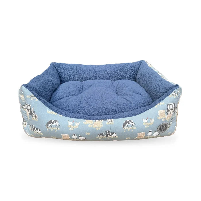 Farmyard Blue Rectangle Dog Bed - British Farm Design with Reversible Cushion - Pet Beds for dogs Snug and Cosy Pets