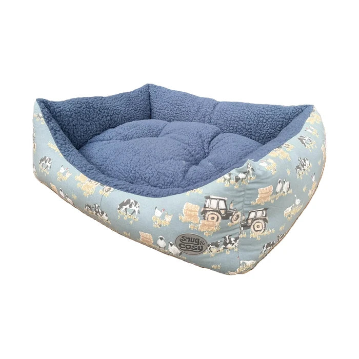 Farmyard Blue Rectangle Dog Bed - British Farm Design with Reversible Cushion - Pet Beds for dogs Snug and Cosy Pets