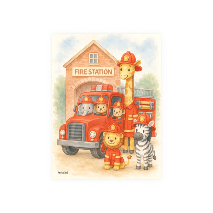 Firefighter Nursery Poster Safari Animal Fire Truck Wall Art, Baby Boy Room Decor, Kids Bedroom Print