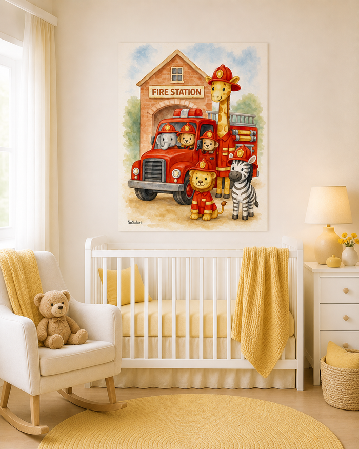 Firefighter Nursery Poster Safari Animal Fire Truck Wall Art, Baby Boy Room Decor, Kids Bedroom Print