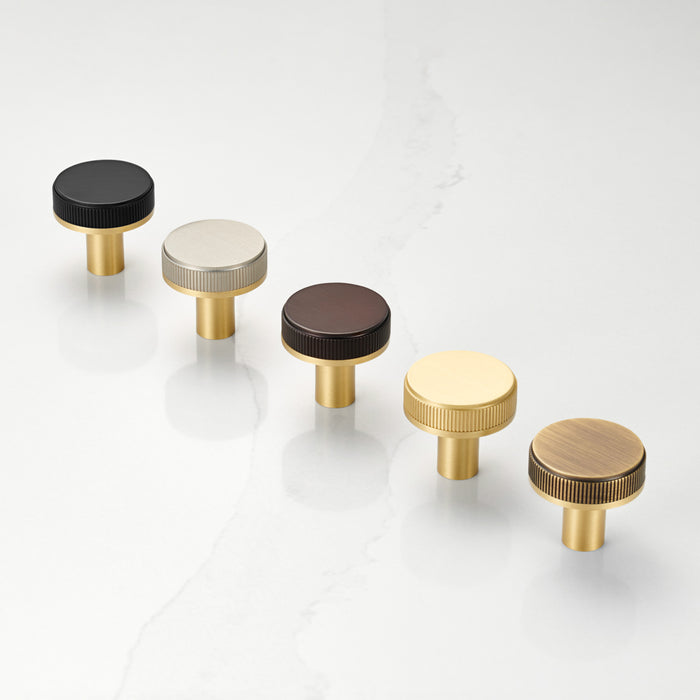 Gold Brass Door Knobs with Linear Top In Gold – installed view