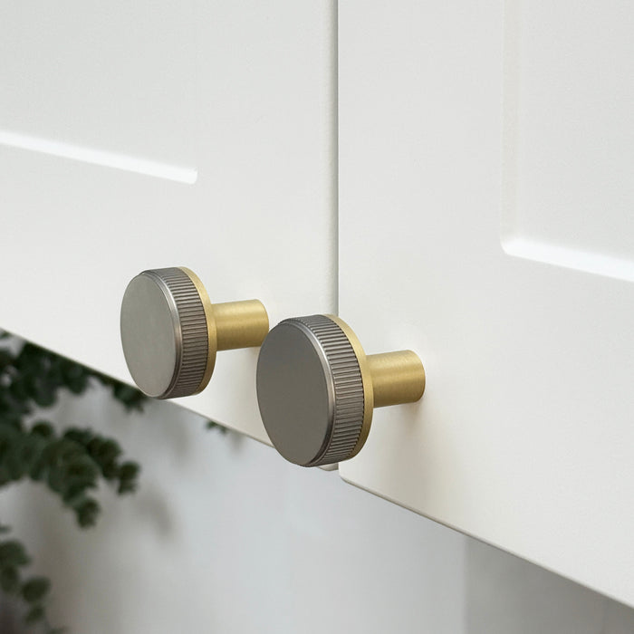 Gold Brass Door Knobs with Linear Top In Silver
