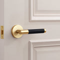 Gold Brass Door Lever Handle with Leather in Black