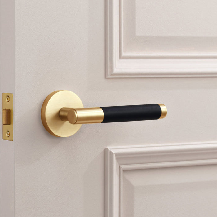 Gold Brass Door Lever Handle with Leather in Black