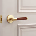 Gold Brass Door Lever Handle with Leather in Brown