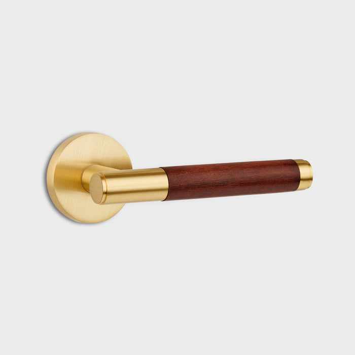 Gold Brass Door Lever Handle with Leather in Brown – product view 2