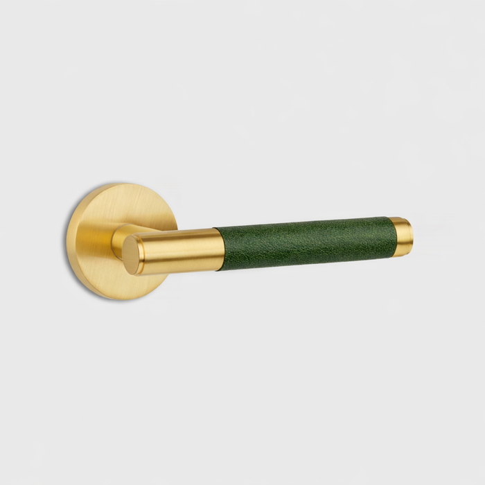 Gold Brass Door Lever Handle with Leather in Green – product view 2