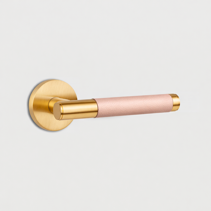 Gold Brass Door Lever Handle with Leather in Pink – product view 2