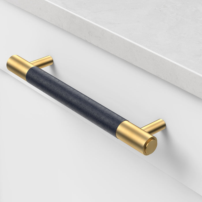Gold Brass Leather Cabinet Handles in Blue – product view 2