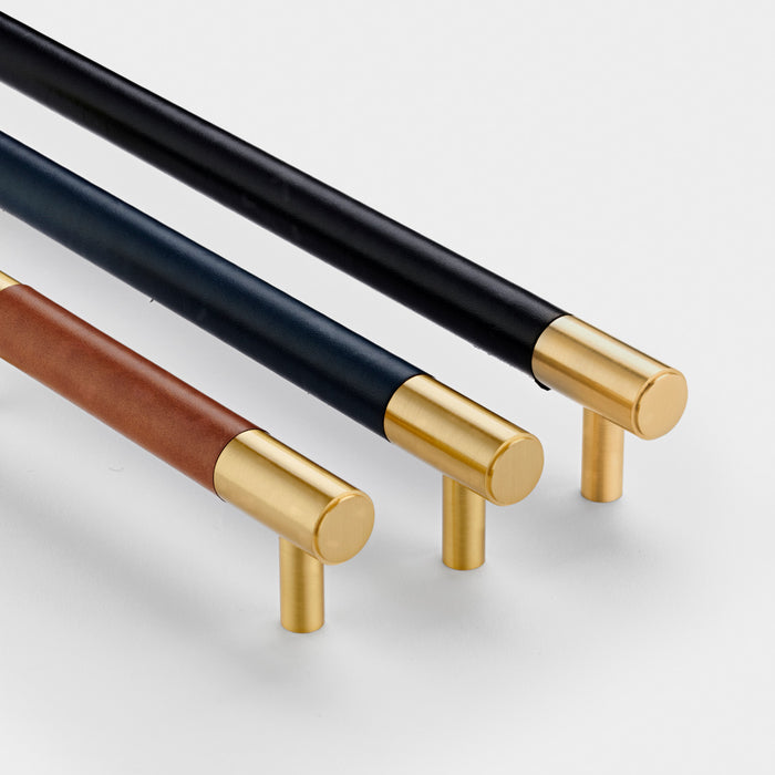 Gold Brass Leather Cabinet Handles in Black – product view 6