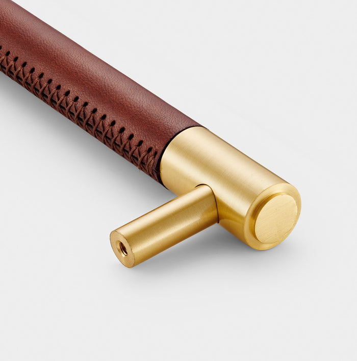Gold Brass Leather Cabinet Handles in Brown – product view 4