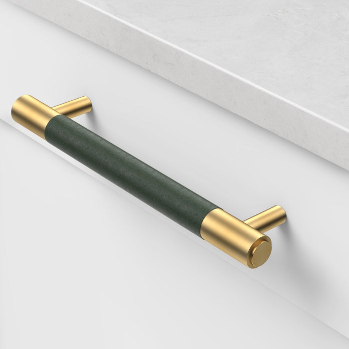 Gold Brass Leather Cabinet Handles in Green – product view 2