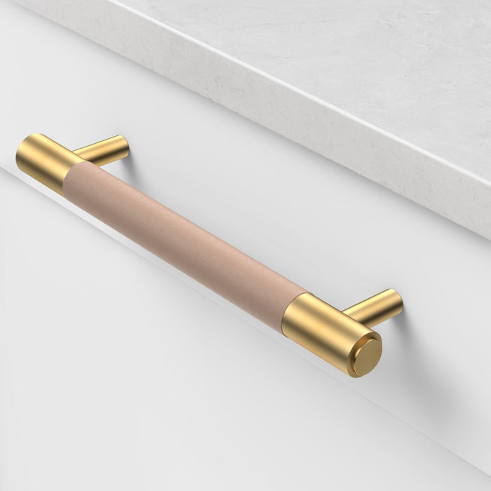 Gold Brass Leather Cabinet Handles in Pink – product view 2