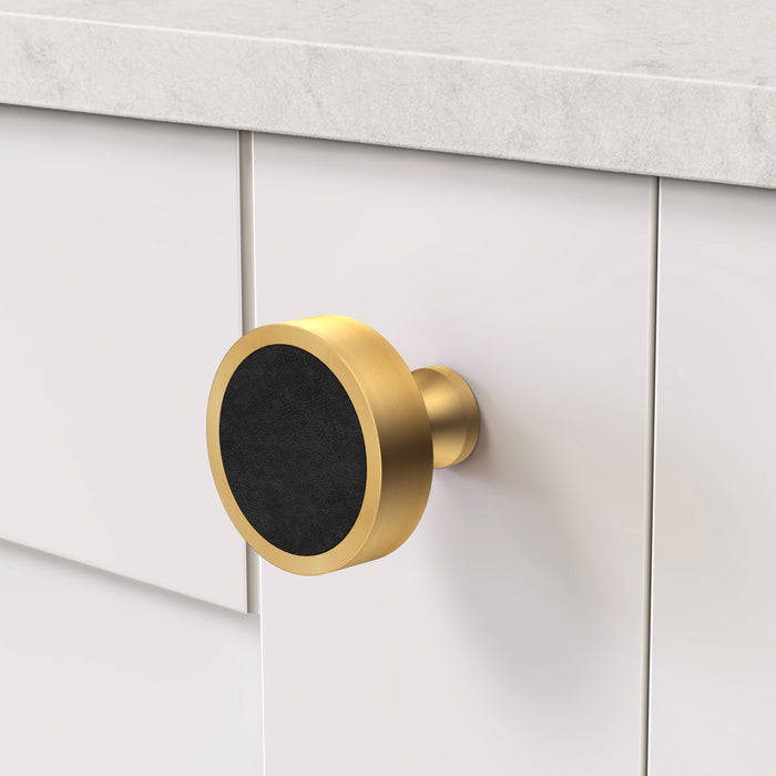 Gold & Leather Round Door Knobs in Black – product view 3
