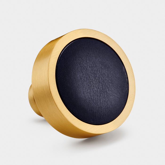 Gold & Leather Round Door Knobs in Blue