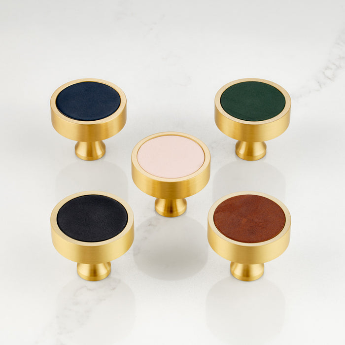 Gold & Leather Round Door Knobs in Blue – product view 4