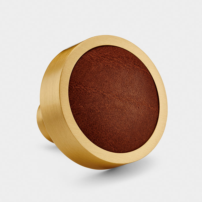 Gold & Leather Round Door Knobs in Brown