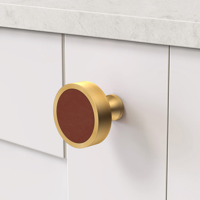 Gold & Leather Round Door Knobs in Brown – product view 3