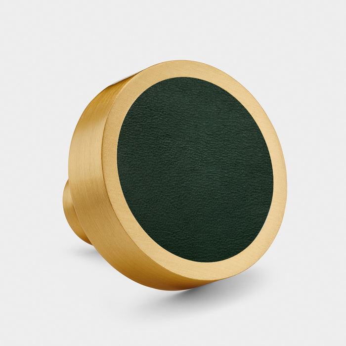 Gold & Leather Round Door Knobs in Green