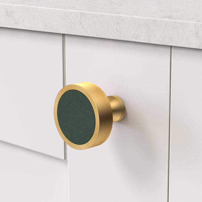 Gold & Leather Round Door Knobs in Green – product view 3