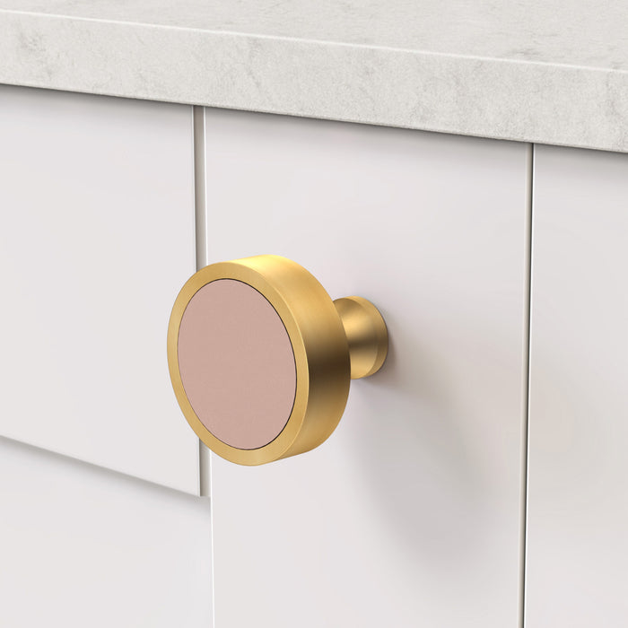 Gold & Leather Round Door Knobs in Pink – product view 3