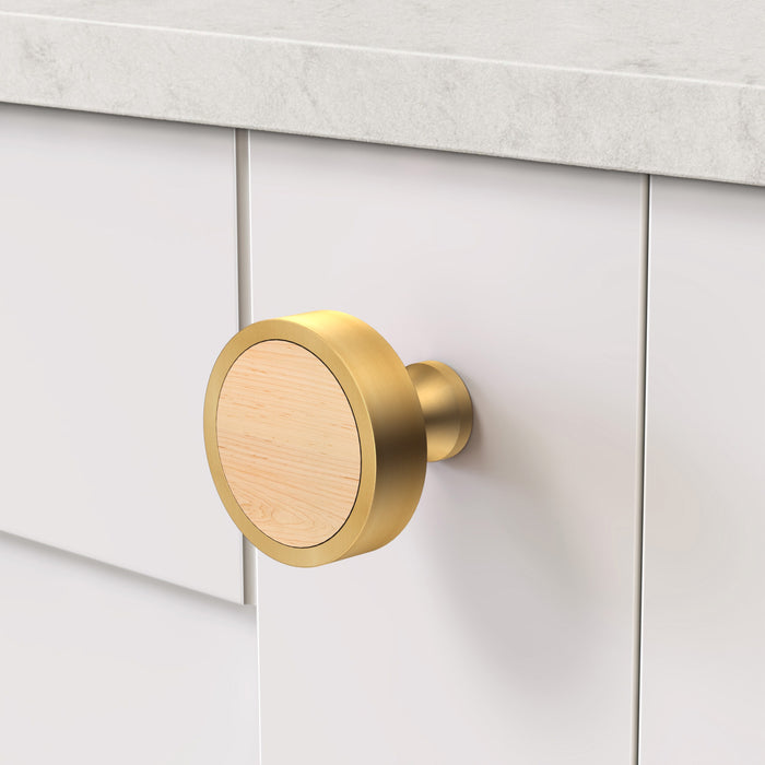Gold & Wood Round Door Knobs in Maple – product view 3