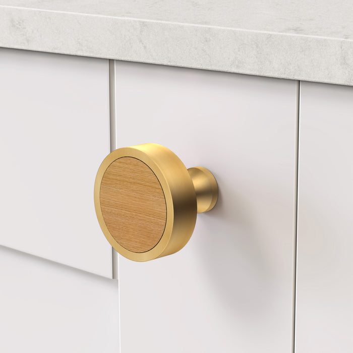 Gold & Wood Round Door Knobs in Oak – product view 3