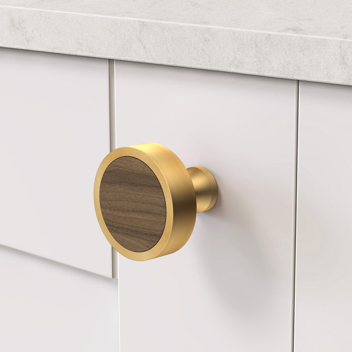 Gold & Wood Round Door Knobs in Walnut – product view 3