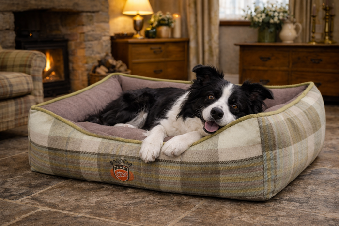 Green Check Plaid Dog Pet Bed - Country Style Rectangle with Raised Sides - Pet Beds for dogs Snug and Cosy Pets