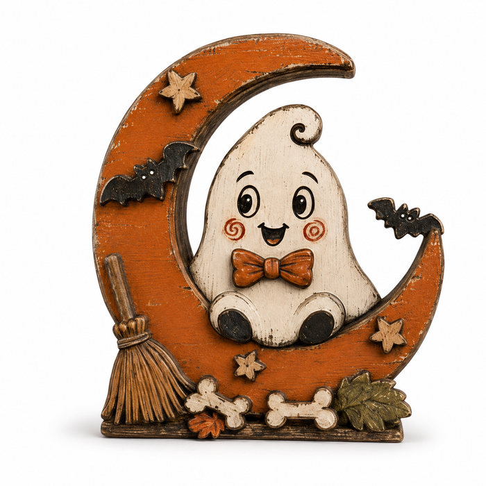 Halloween Wooden Table Decor Pumpkin Moon Animal Display: Ghost / 5.9 × 4.7 × 0.4 in (Double-Sided Pattern)