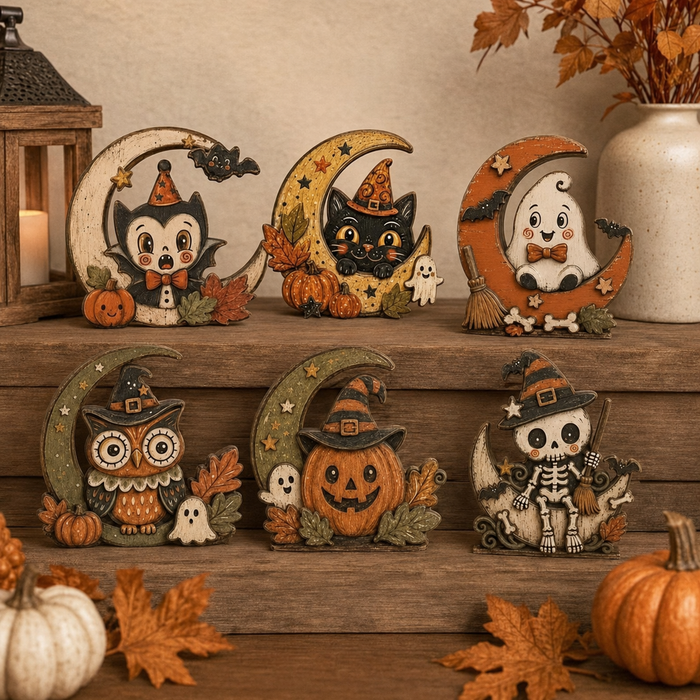 Halloween Wooden Table Decor Pumpkin Moon Animal Display: Ghost / 5.9 × 4.7 × 0.4 in (Double-Sided Pattern)