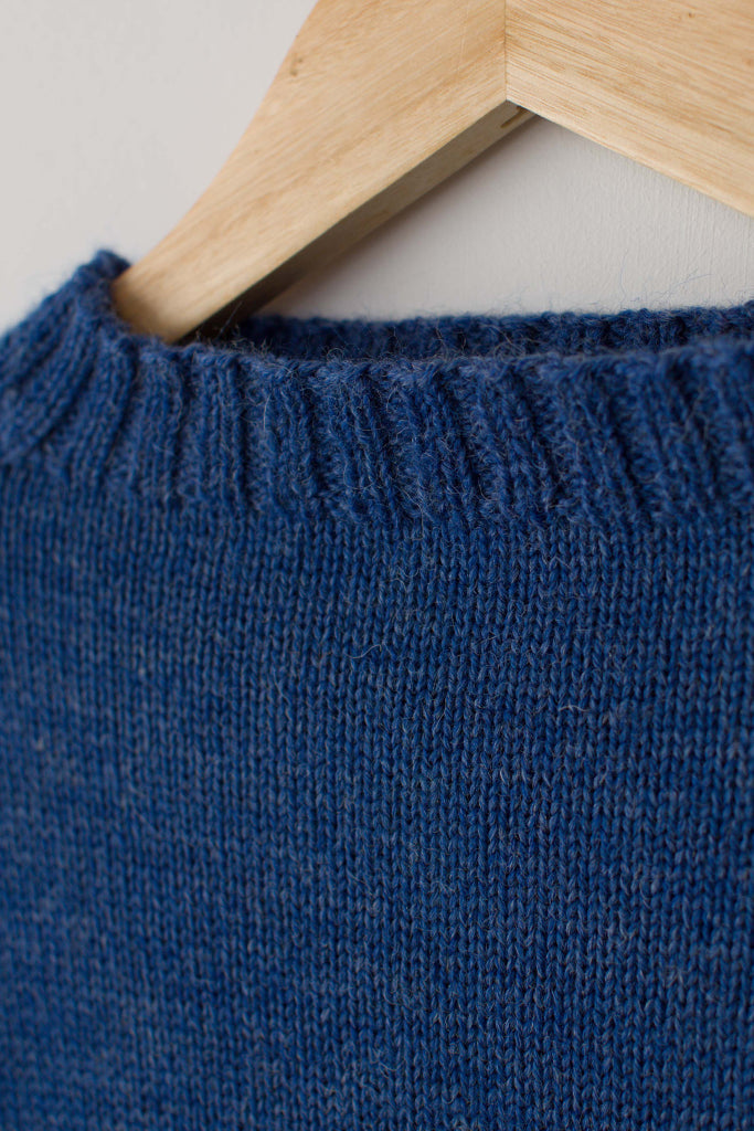 Neck detail on a Indigo Blue Traditional Guernsey