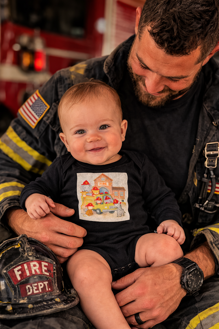 Infant Bodysuit — Yellow Firetruck & Animal Fireman Baby Onesie