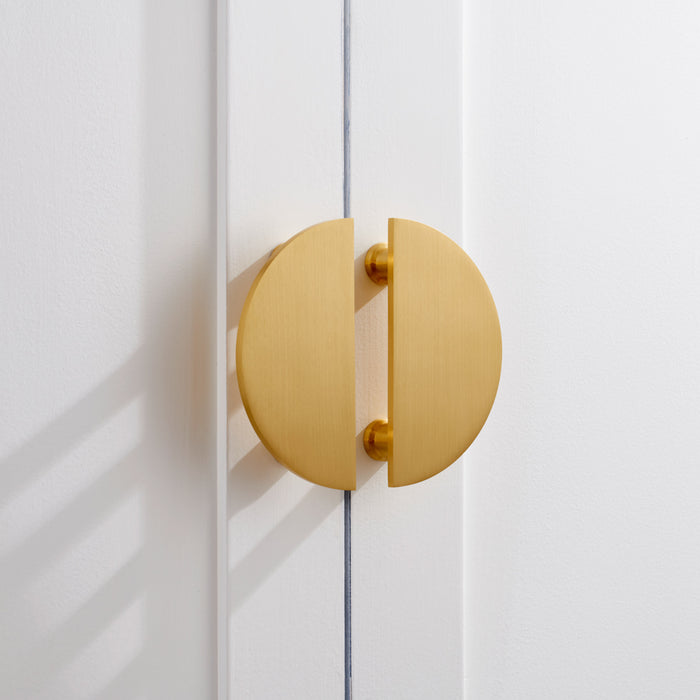 Large Solid Brass Half Moon Handles in Gold – installed view