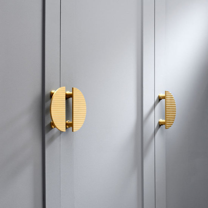 Large Solid Brass Striped Half Moon Handles in Gold – product view 2