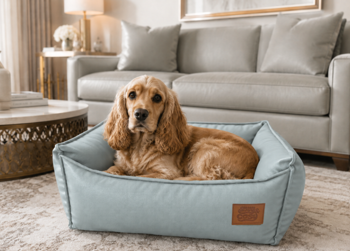 Monza Faux Leather Dog Bed – Rectangle Box Bed in Blue & Grey | Snug & Cosy Pets - Dog Bed for dogs Snug and Cosy Pets